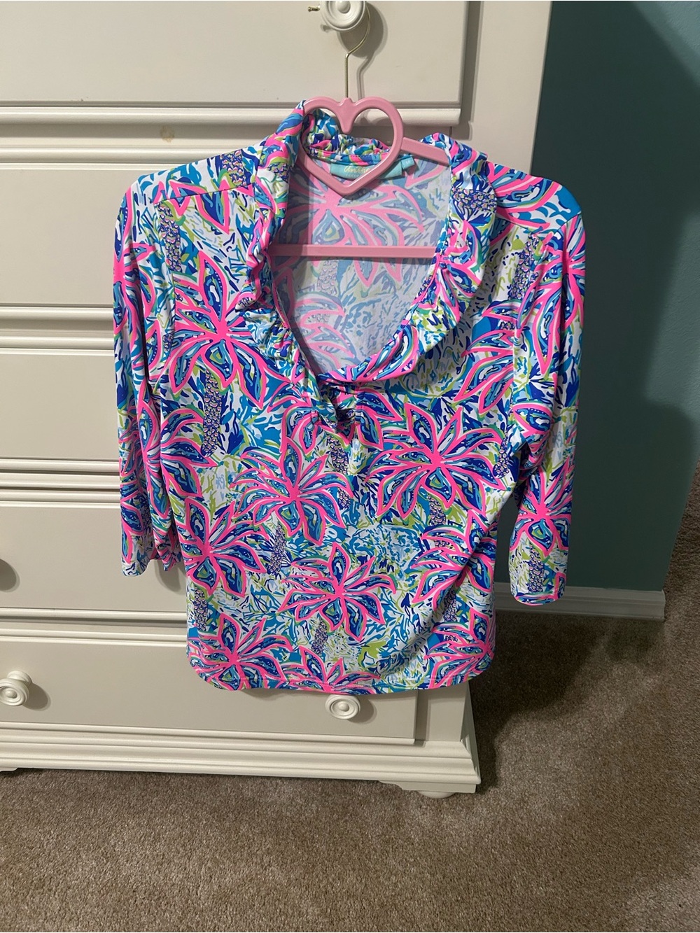 Lulu-B for Anthony’s Pink & Blue Tropical Print ruffle Neck Top